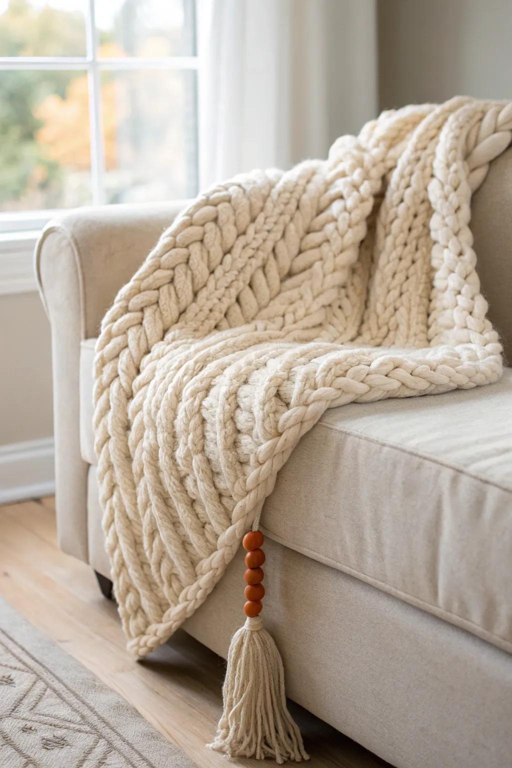 A chunky knit throw on the sofa arm—instant fall coziness with minimal, layered texture.