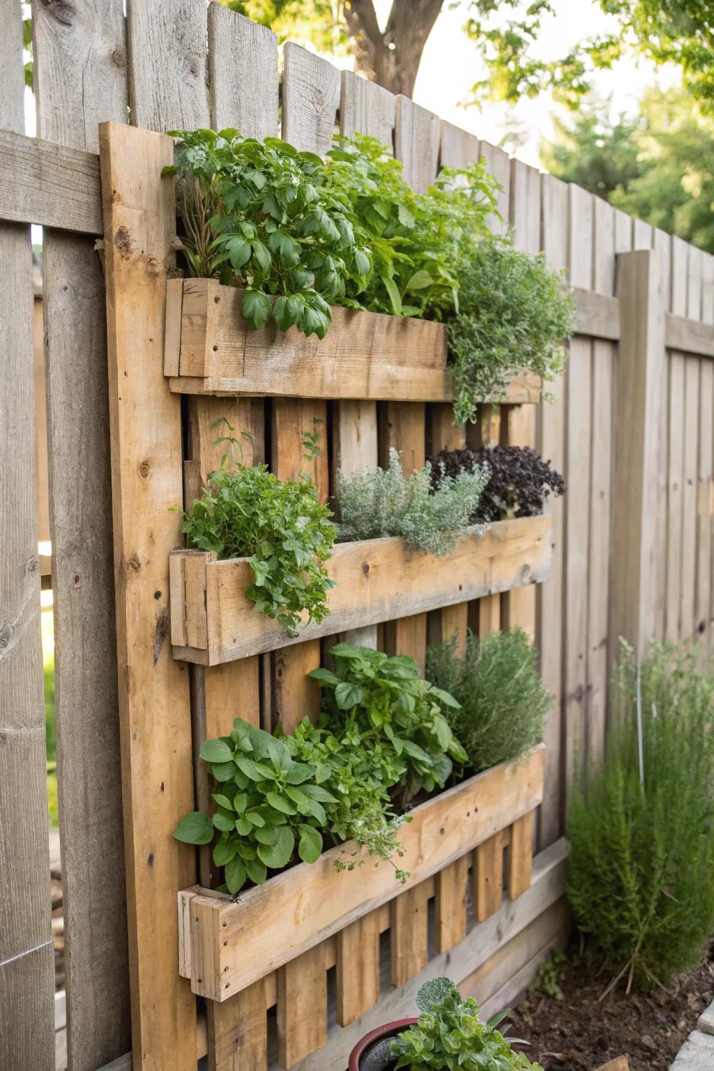 Transform your fence into a stunning herb garden with repurposed wooden pallets—where simplicity meets natural beauty.