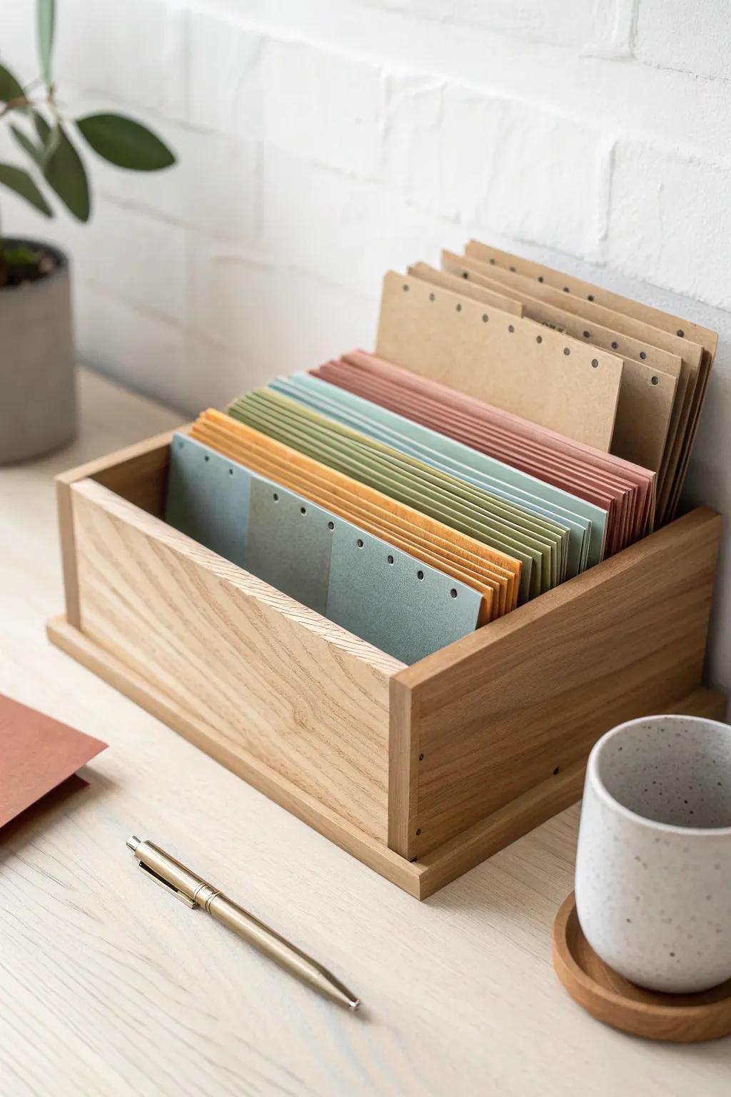 Color-coded hanging folders in an oak box—your categories pop at a glance, even half-asleep.