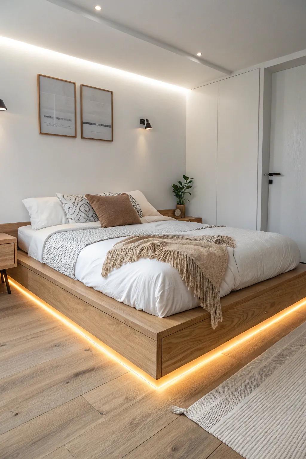 Warm under-bed LEDs create a cozy shadow gap so your floating bed truly hovers at night.