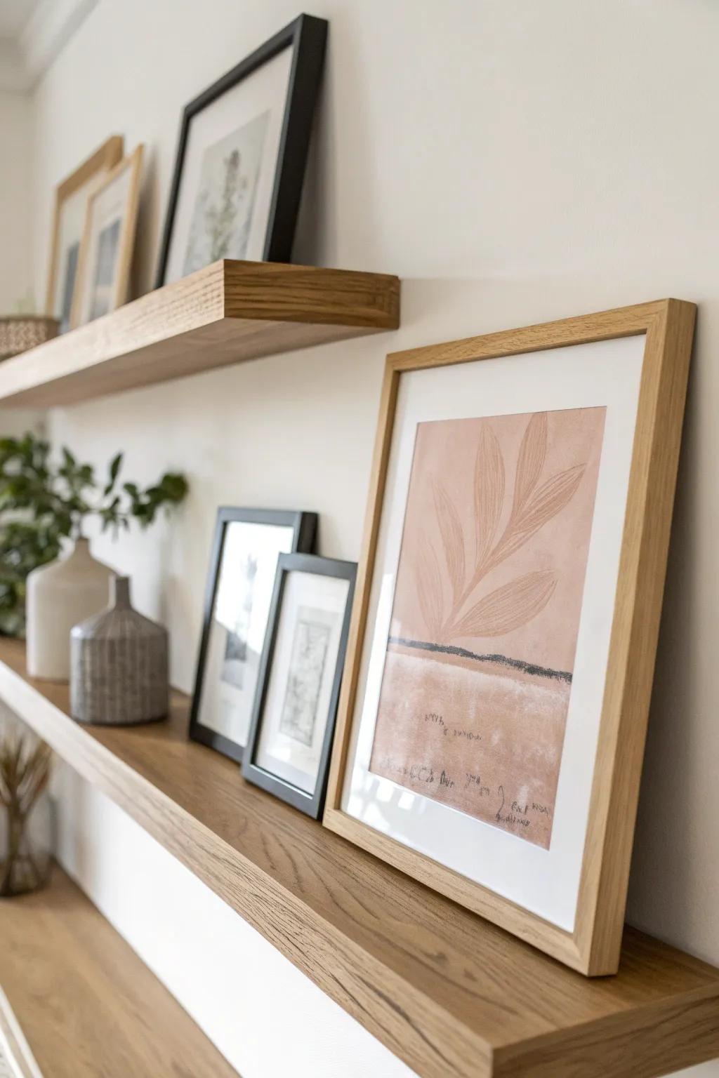 Layer two leaning frames on a floating shelf for a curated look—no wall holes required.