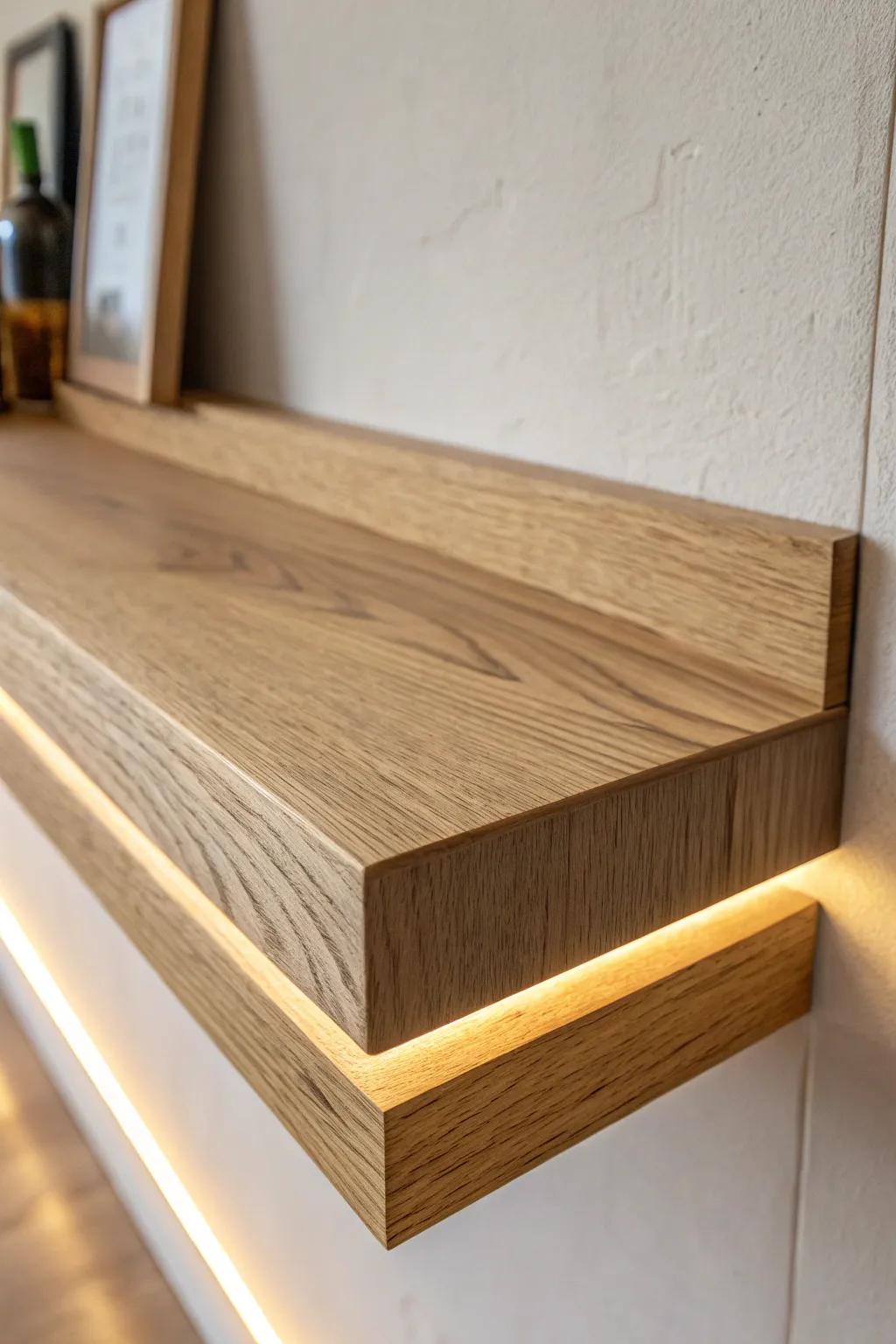 A routed channel hides the LED strip so the floating shelf glows with a custom built-in look.