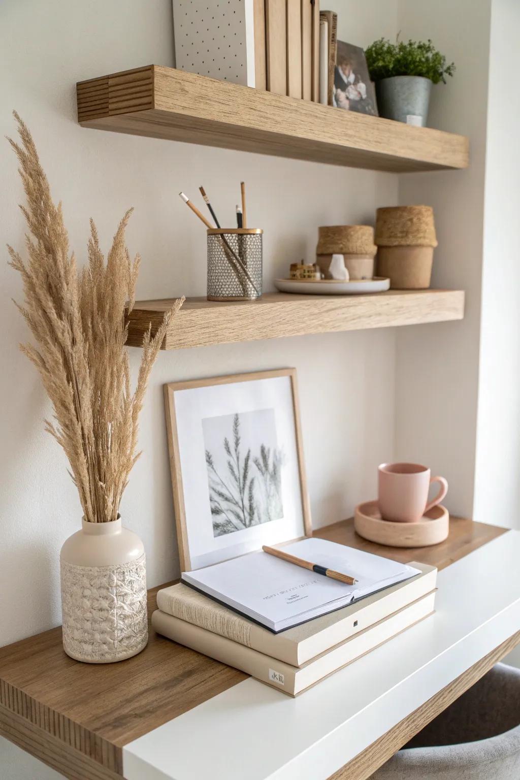 Two stacked floating shelves: keep essentials within reach and decor up high for calm focus.