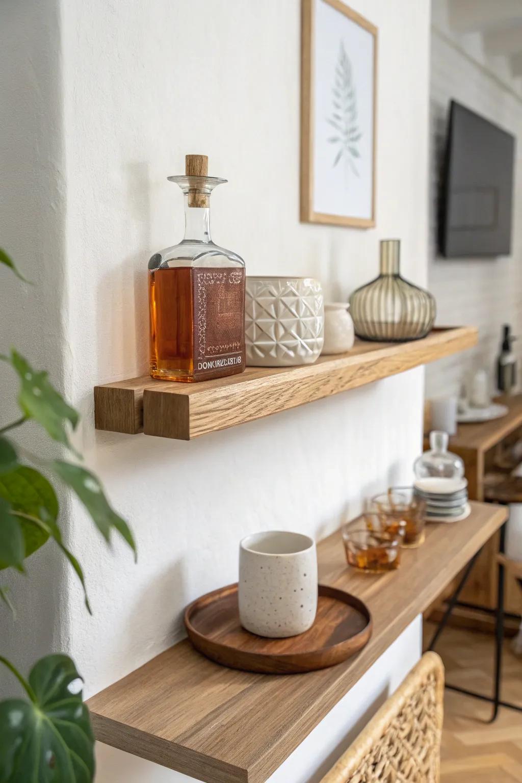 One long floating shelf above a compact bar cart—extra storage, zero countertop clutter.