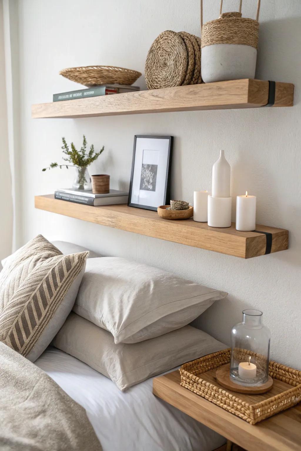 Two floating shelves above the pillows—light styling below, extra storage up top.
