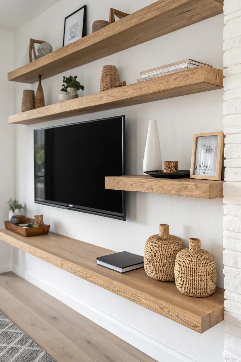 Staggered floating shelves around the TV add a modern, designed look—perfect for small spaces.
