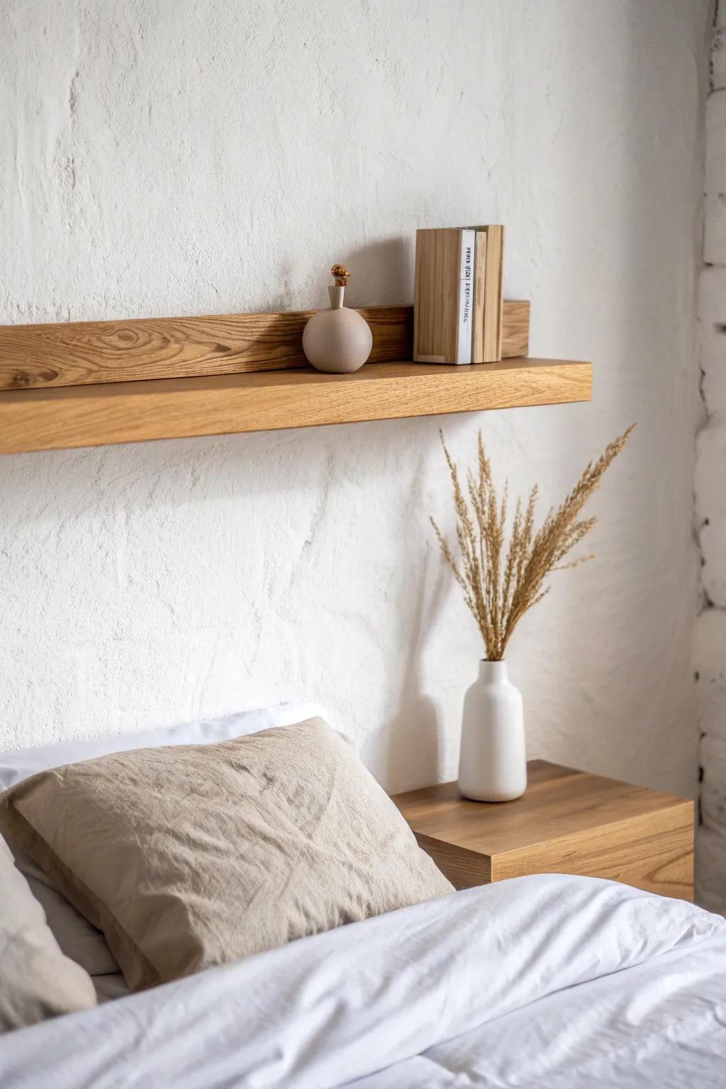 Floating shelf above the bed: calm styling for tight bedrooms with light, airy decor.