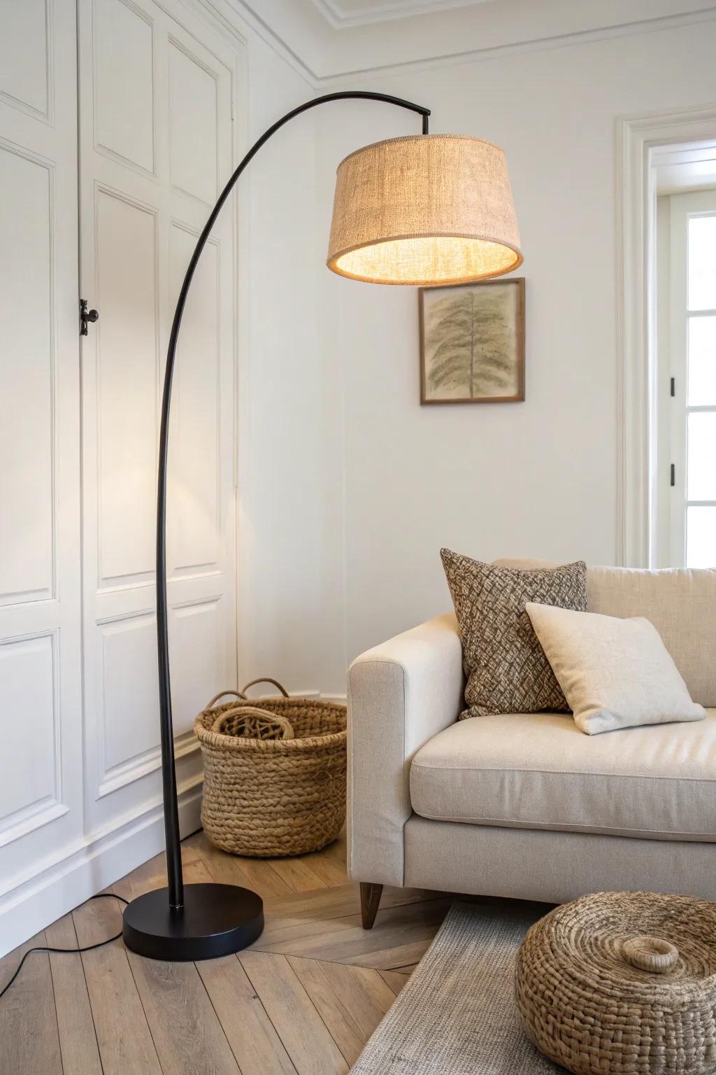 Arc floor lamp behind the sofa: overhead glow with almost zero footprint in a tiny lounge.