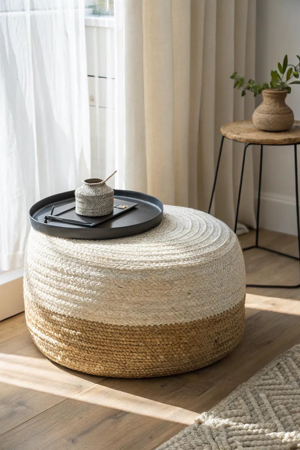 A firm woven pouf with a sleek tray—sit, rest your feet, or use it as a chic table.
