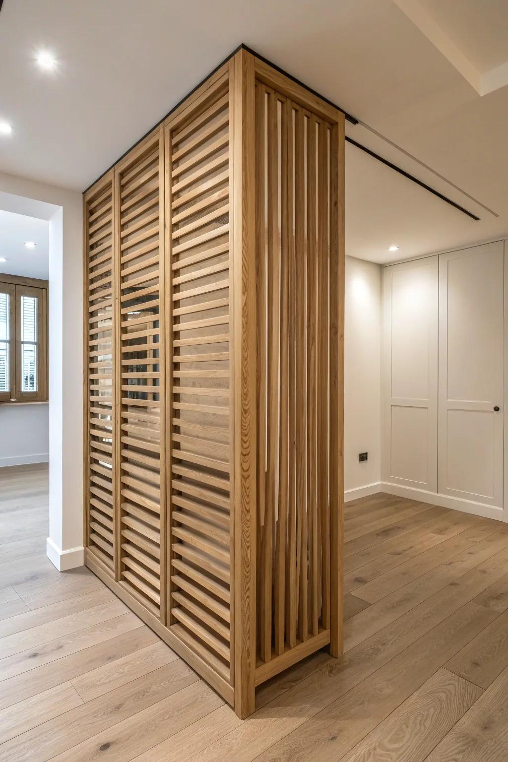 Rotating slat divider: twist for privacy on calls, open up for light and entertaining.