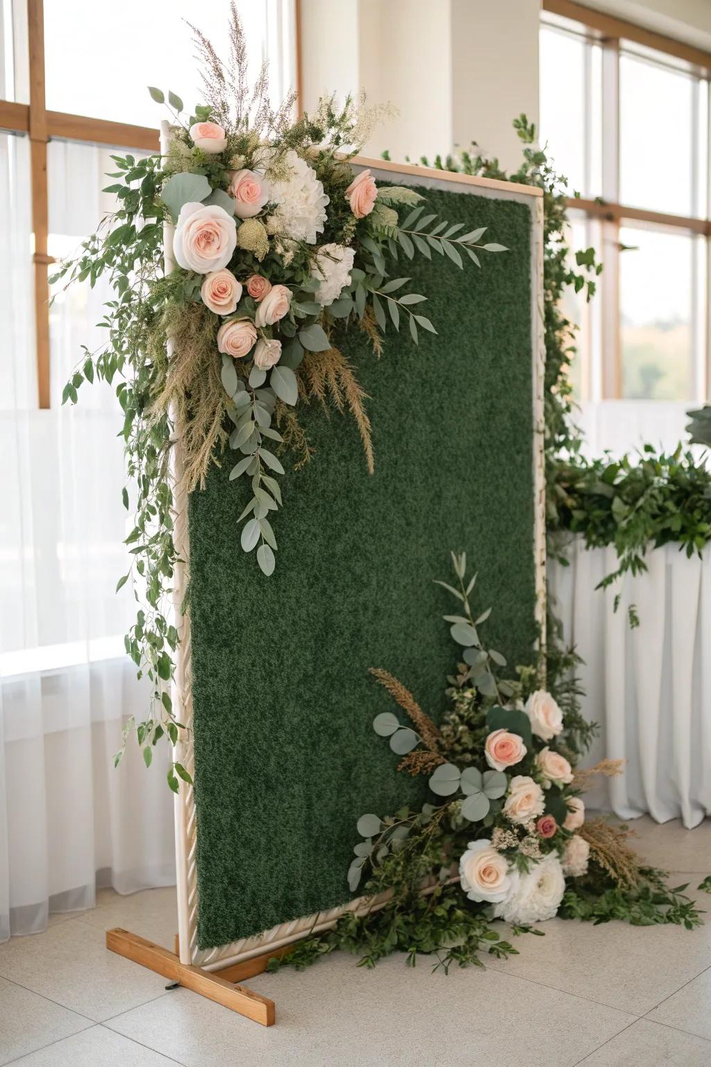 A luxe greenery wall with a thick floral border—high-impact, fewer blooms, perfect for small spaces.