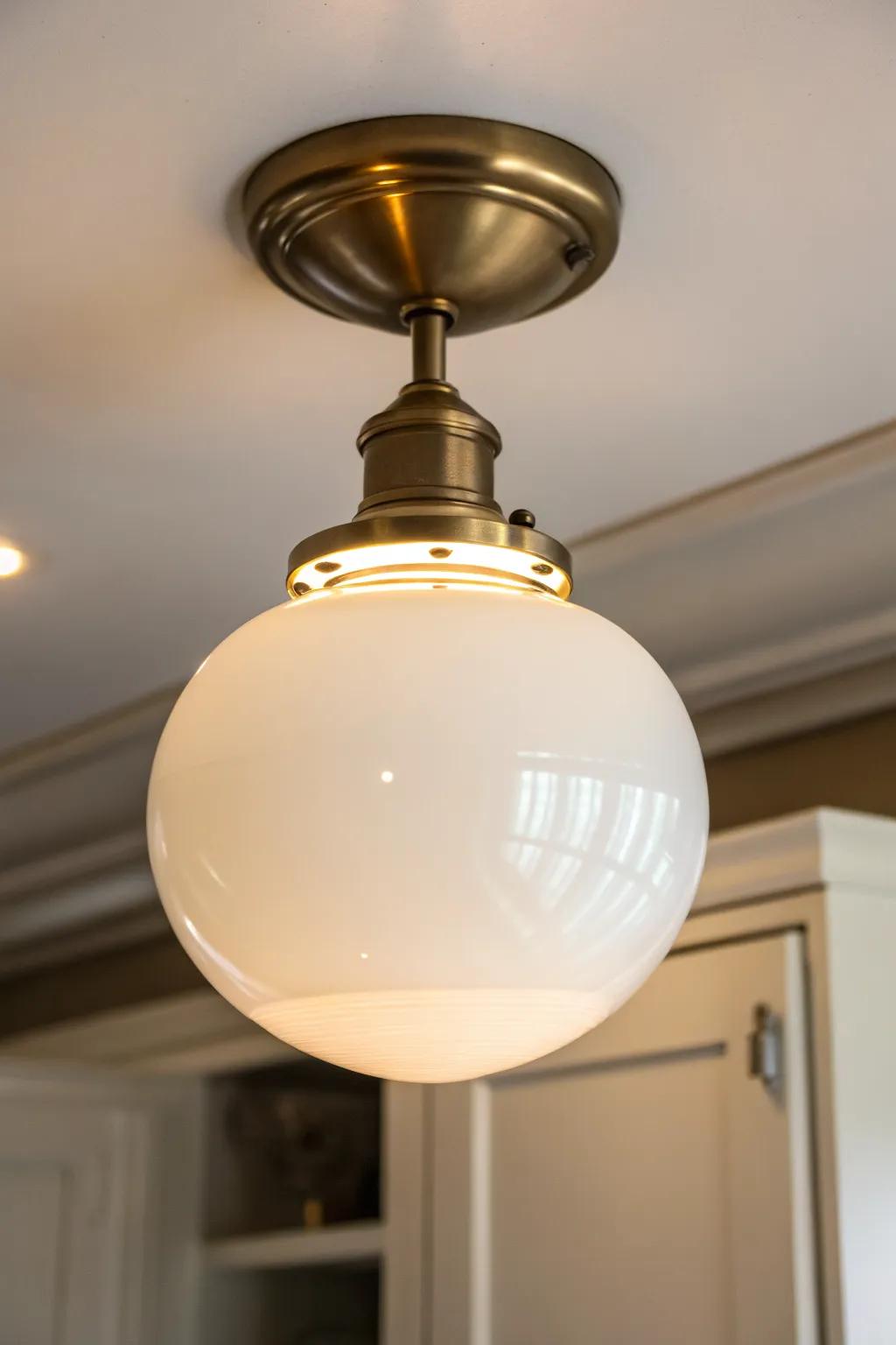 Schoolhouse globe flush mount: soft, bright light that keeps a small kitchen airy and cozy.