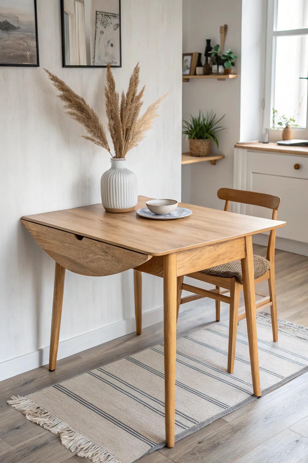 Drop-leaf dining table magic: folds flat for weekdays, opens up for cozy date-night dinners.
