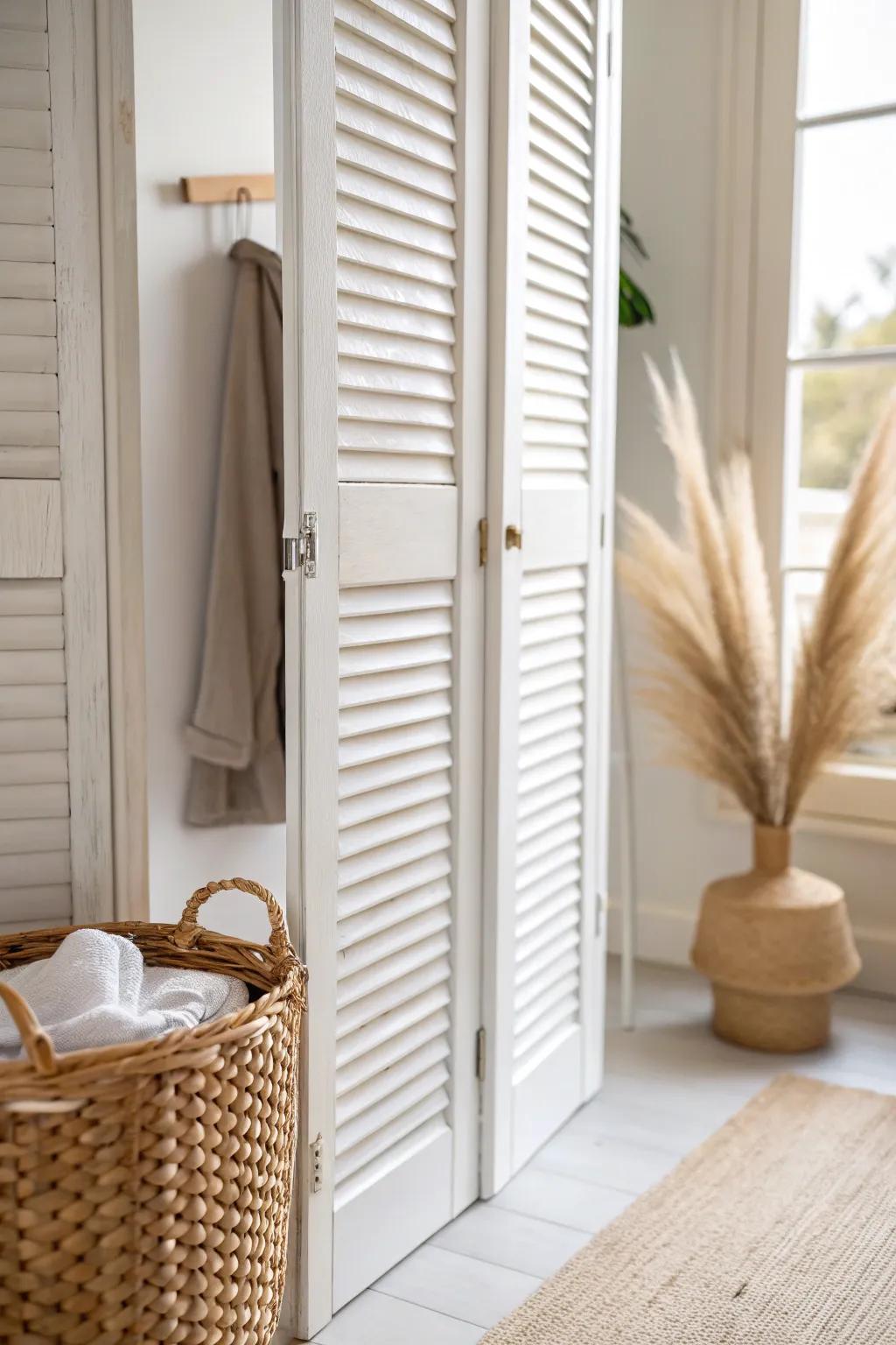 Louvered bi-fold doors hide the laundry nook while letting air flow—bright, calm, and chic.