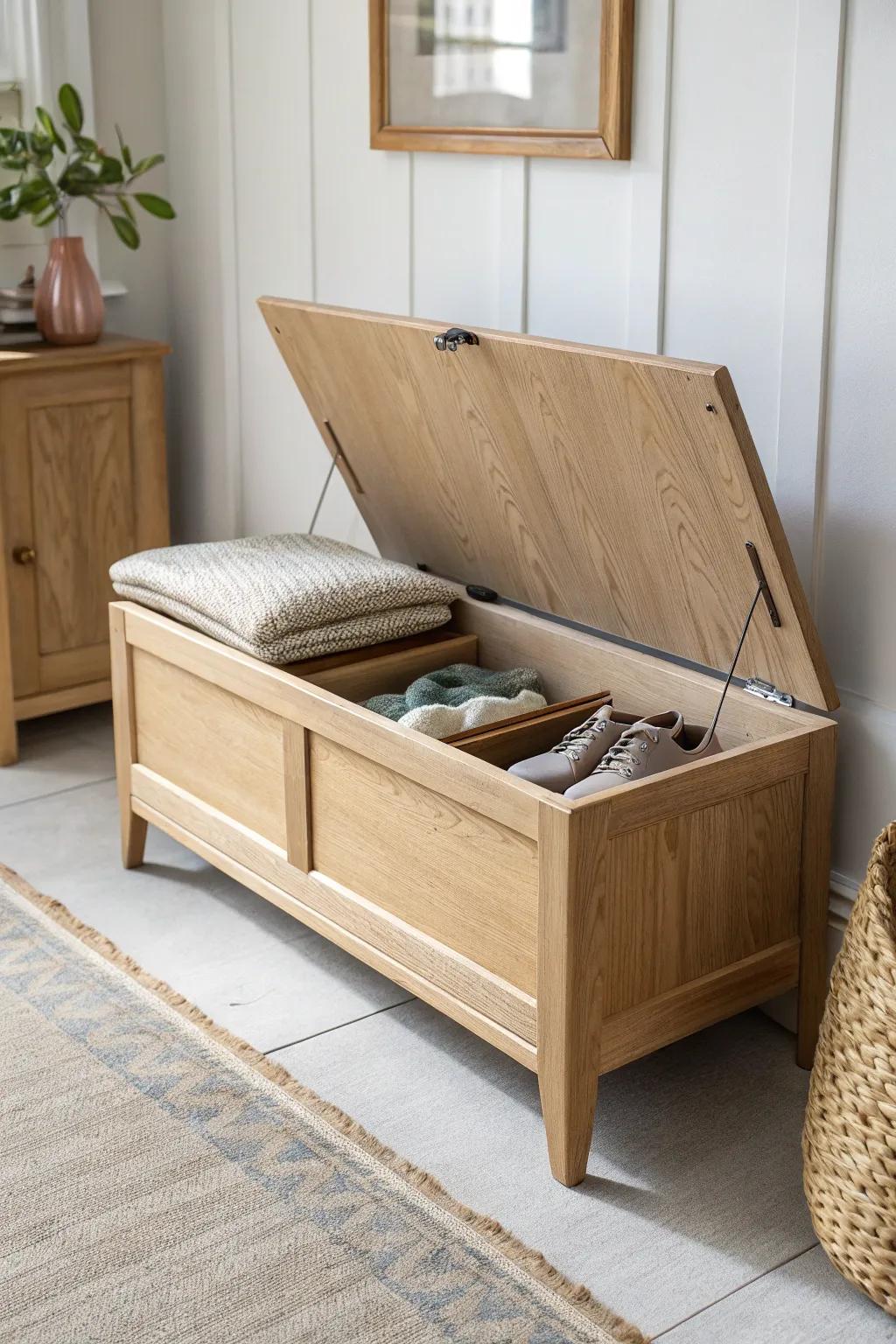 A calm entryway upgrade: a lift-top bench that hides shoes and doubles as seating.