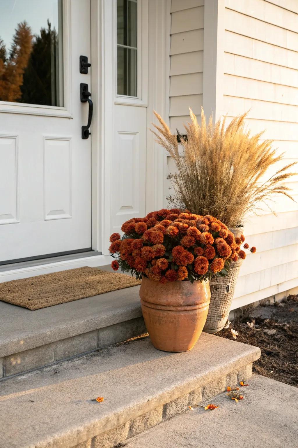Symmetrical fall entry made simple: a matching planter moment with warm mums and clean lines.