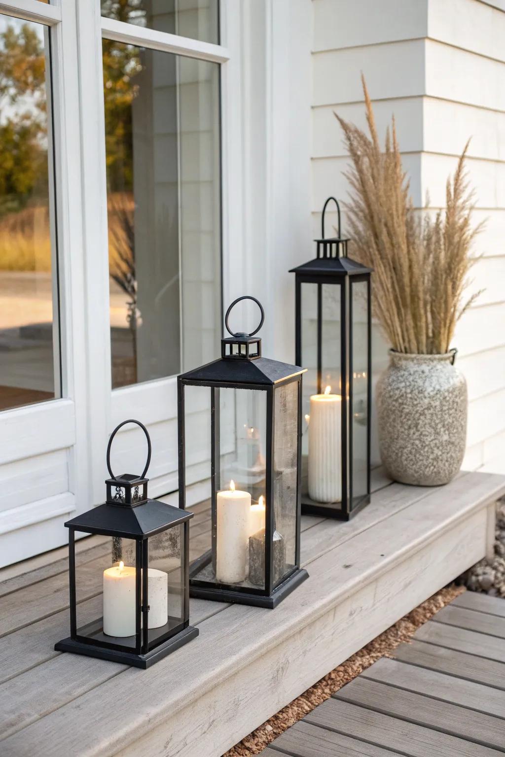Rule of threes: a tall, medium, and small lantern cluster for instant porch polish.