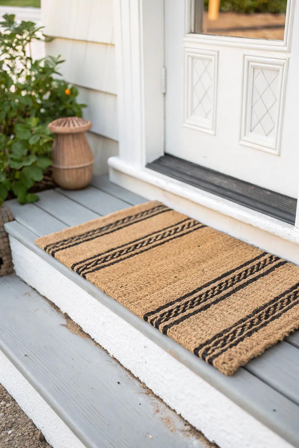 Layer an outdoor rug under a simple doormat to make a tiny front stoop feel finished.