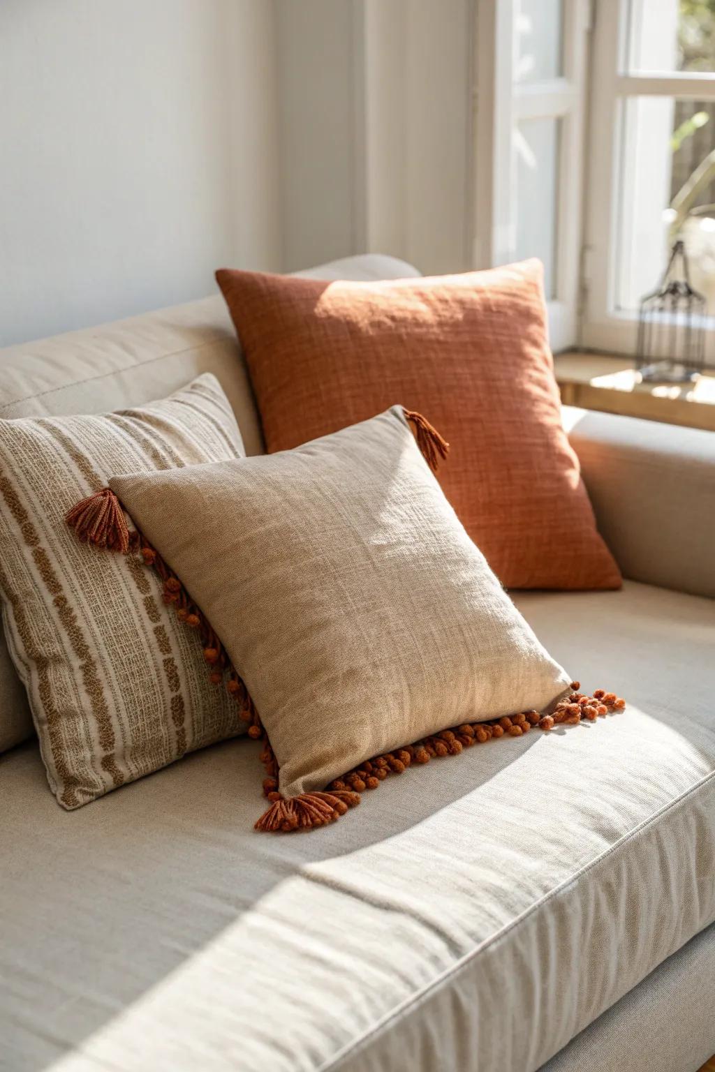 Layer two pillow sizes in a tight neutral palette to make a futon feel plush and polished.