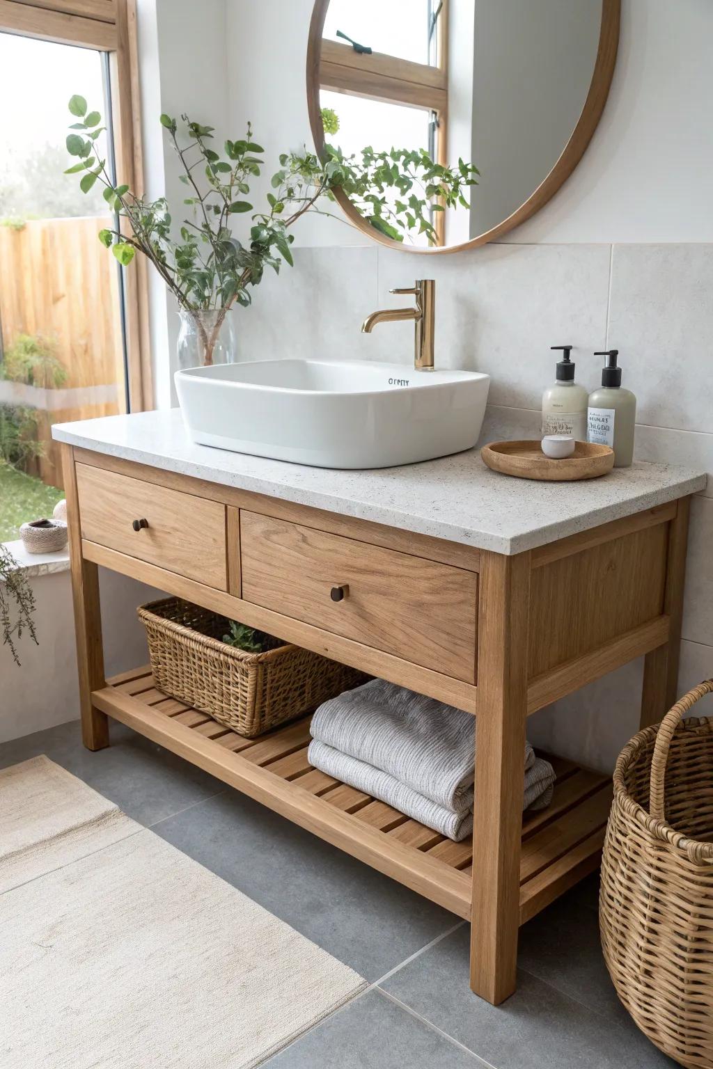 A slim floating vanity anchors a calm single-wall lineup for a brighter galley bathroom.