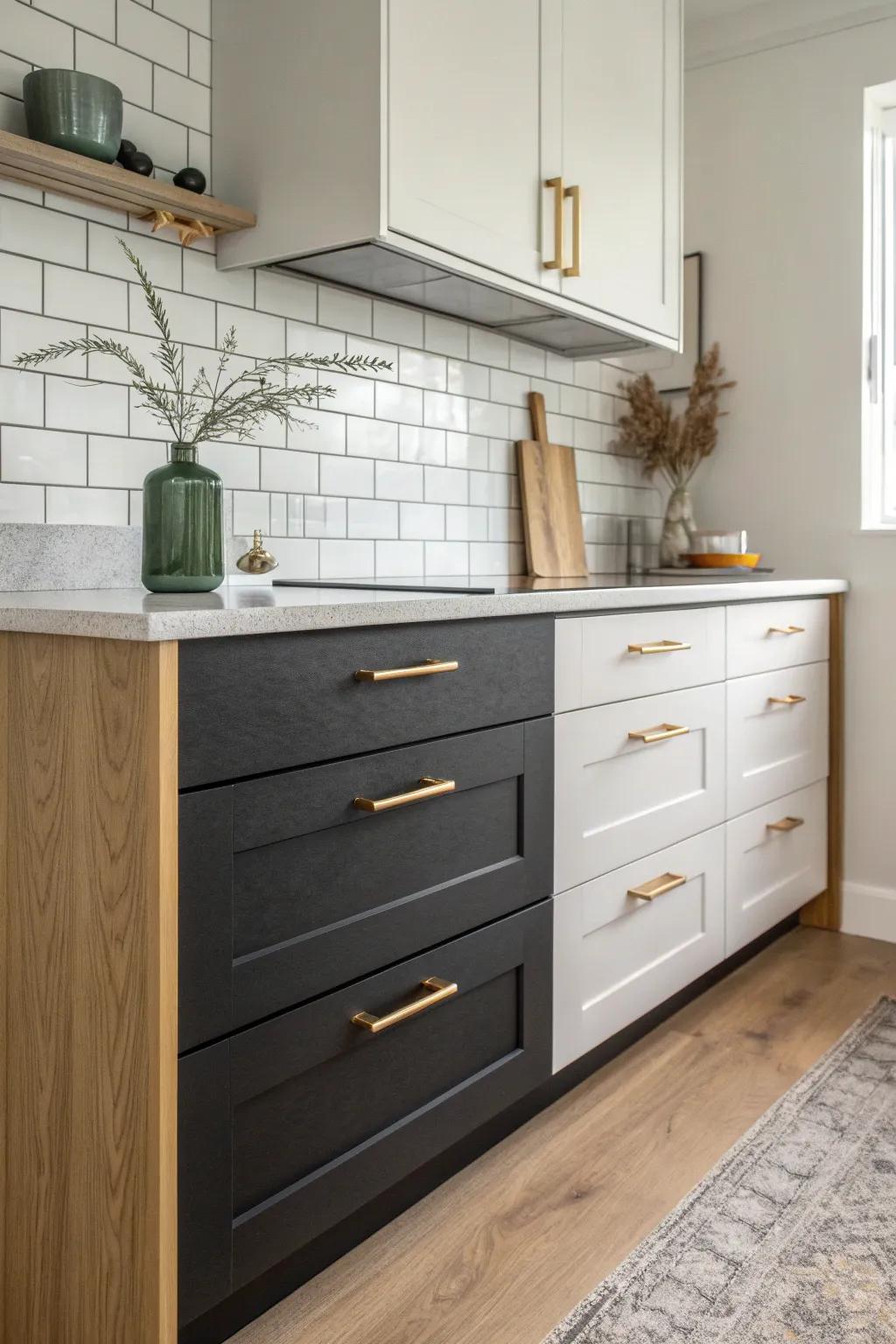 Tuxedo cabinets: dark lowers + airy uppers make a tiny galley feel custom and open.