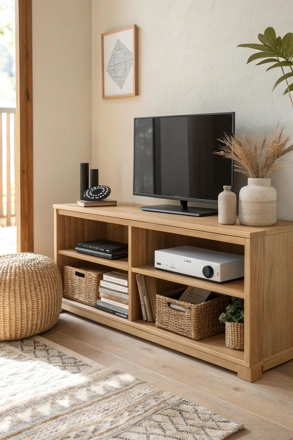 Open shelving gives each console a chic “parking spot” with calm, clutter-free style.