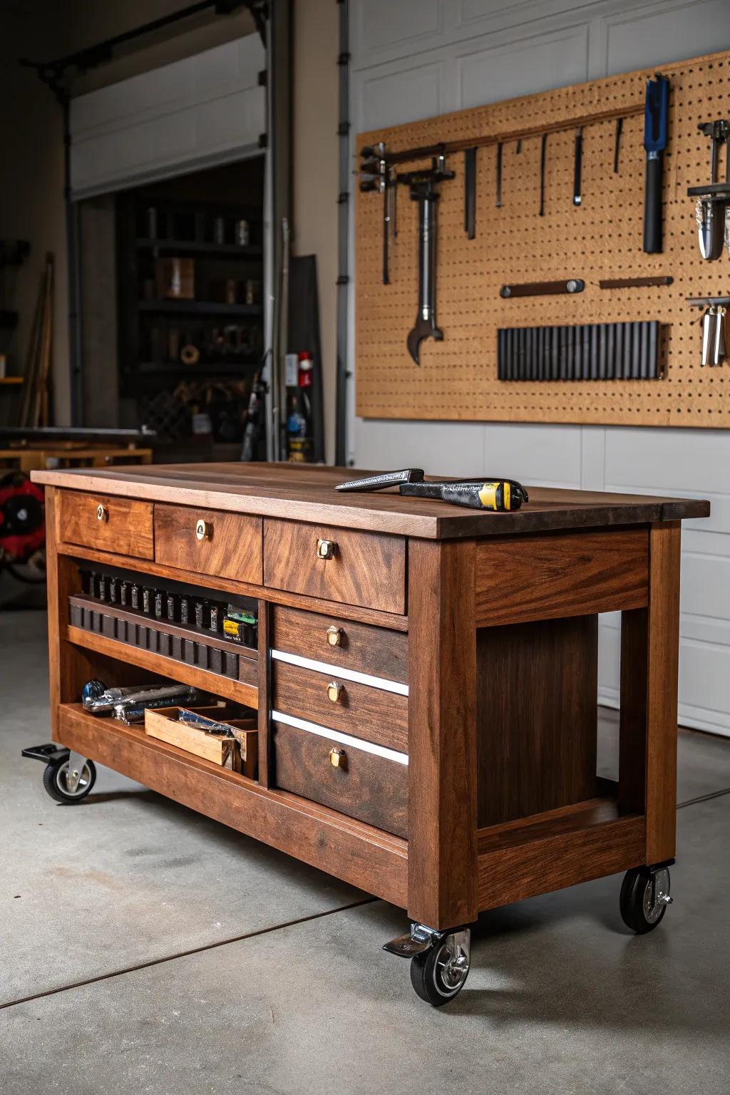 Craftsmanship on Wheels: Discover the versatility and elegance of a mobile workbench in your garage.