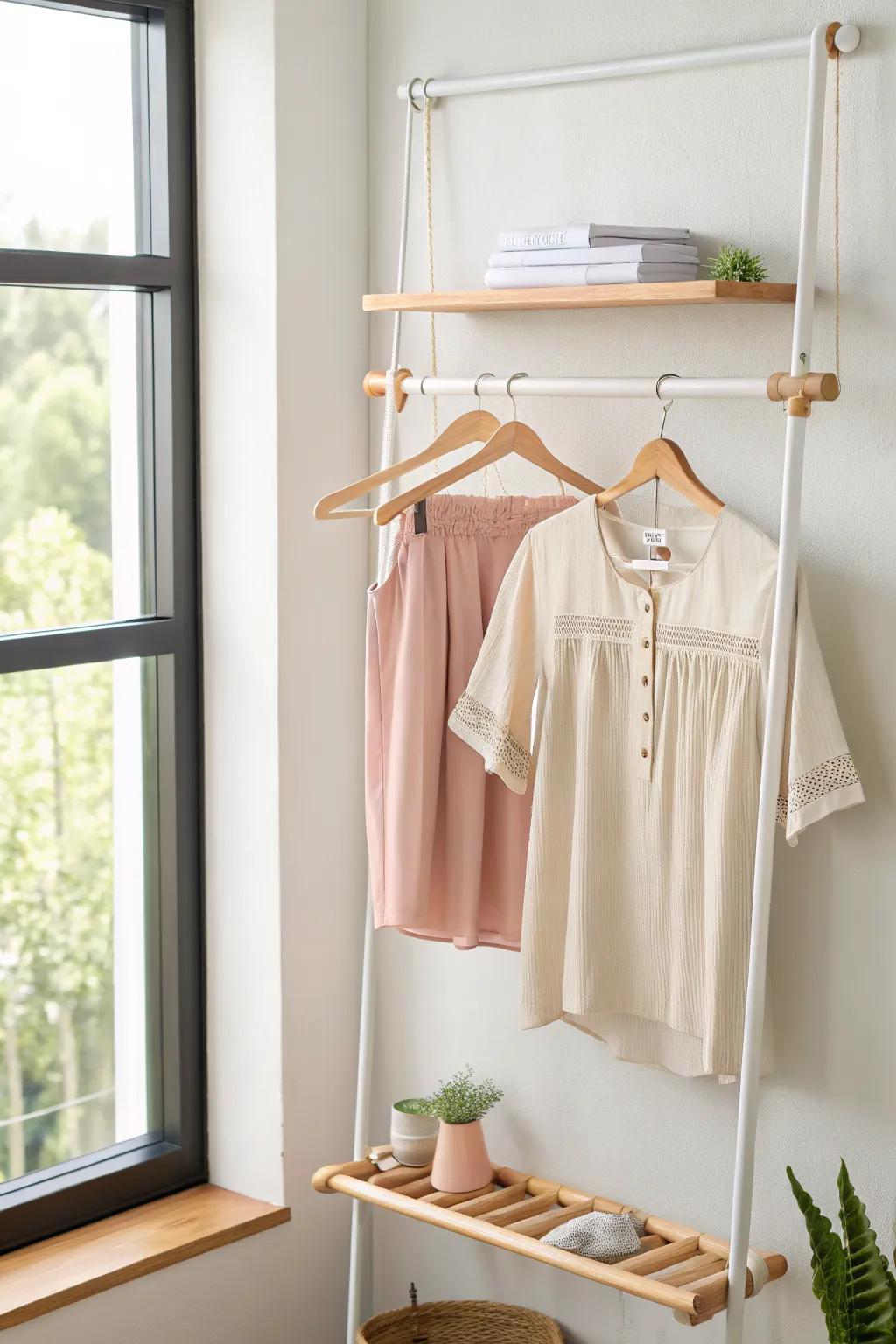 Double hanging rods create two tidy lanes for tops and skirts—instant space boost in a girl closet.