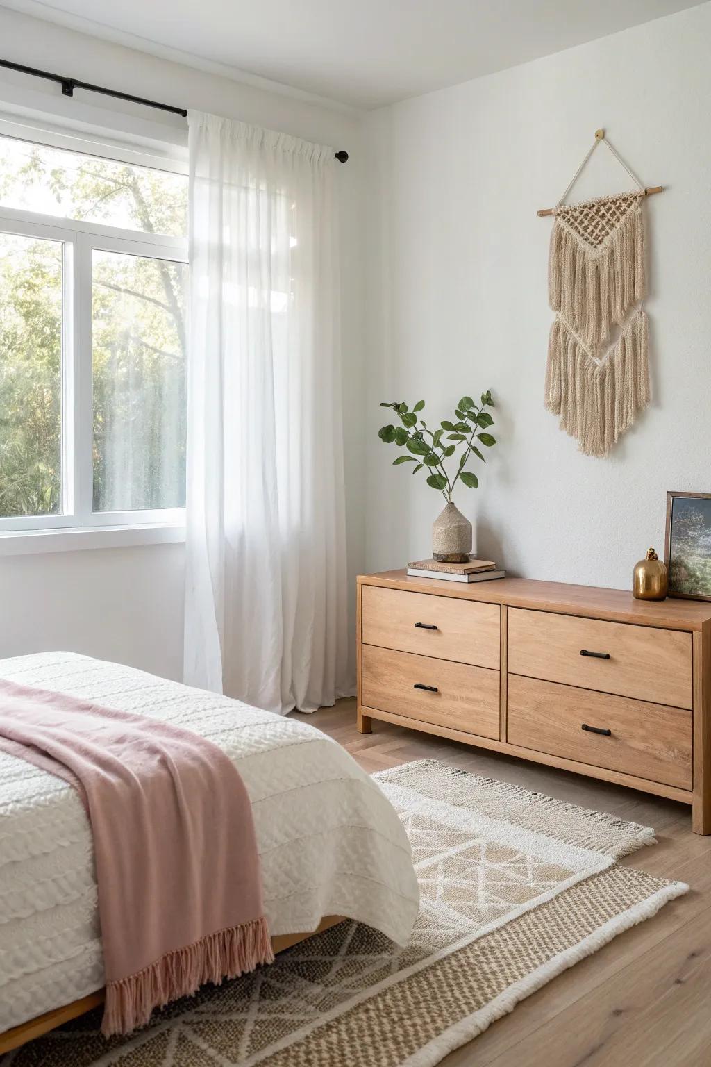 A slim bench under the window creates instant symmetry and sneaky storage for shared rooms.