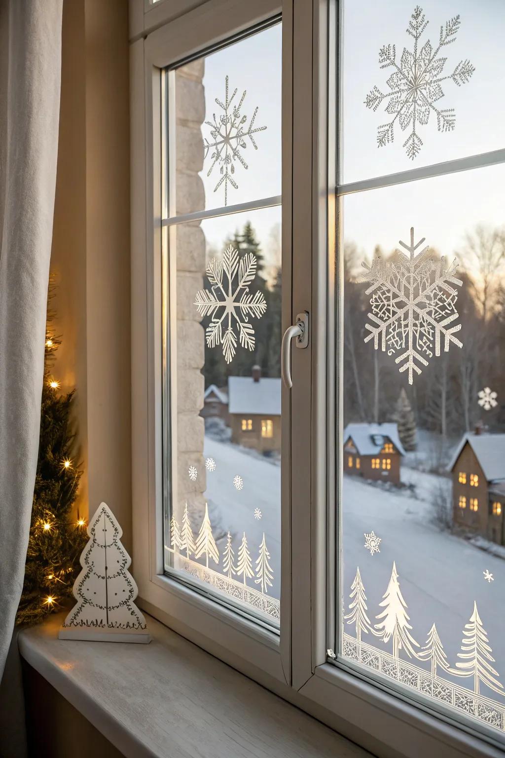 Capture the holiday magic with delicate snowflake artistry and a cozy winter village painted on glass.