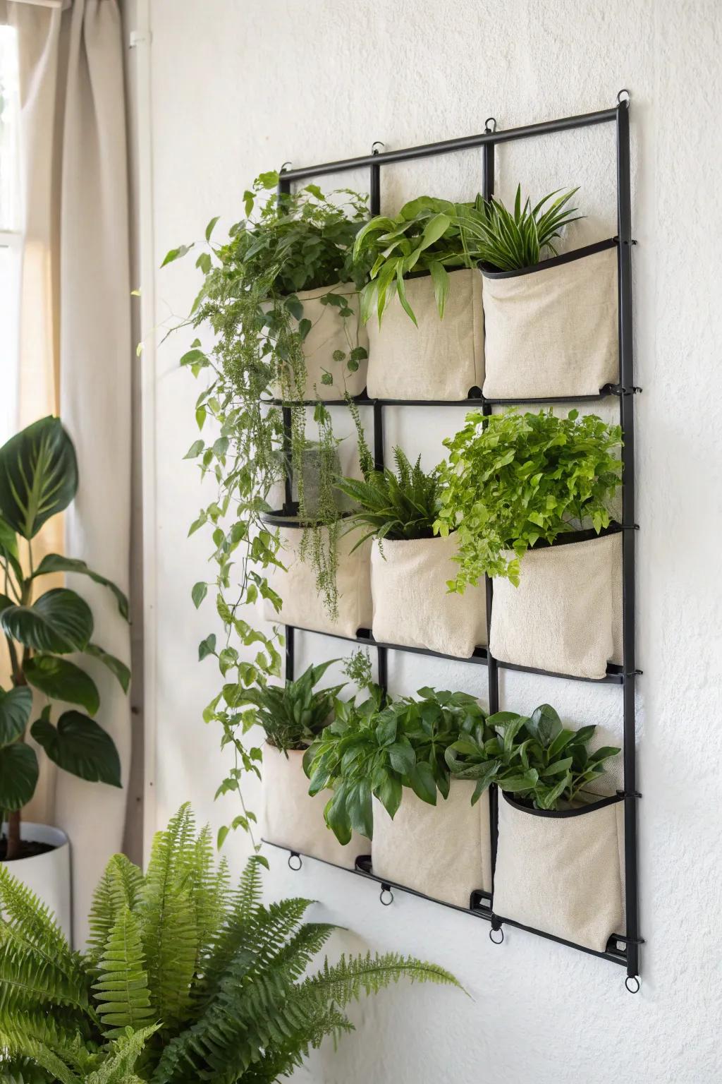 Modular pocket planter grid—lush vertical green wall style for tiny spaces, clean and calming.