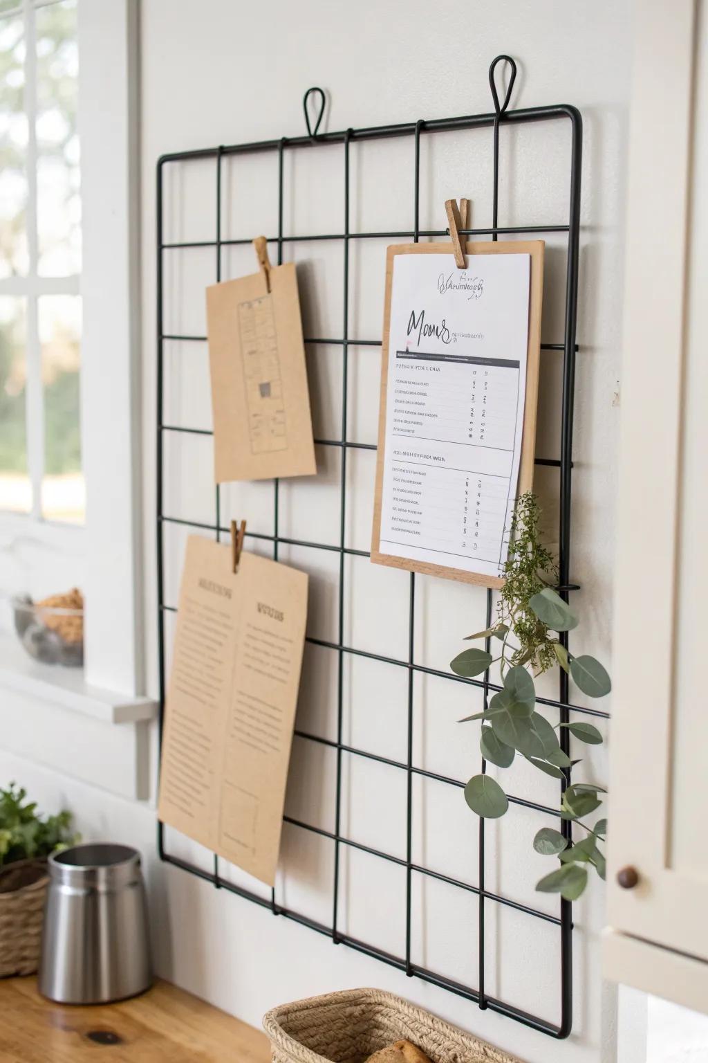 Kitchen command center: a chic grid wall keeps meal plans, coupons & menus tidy and pretty.