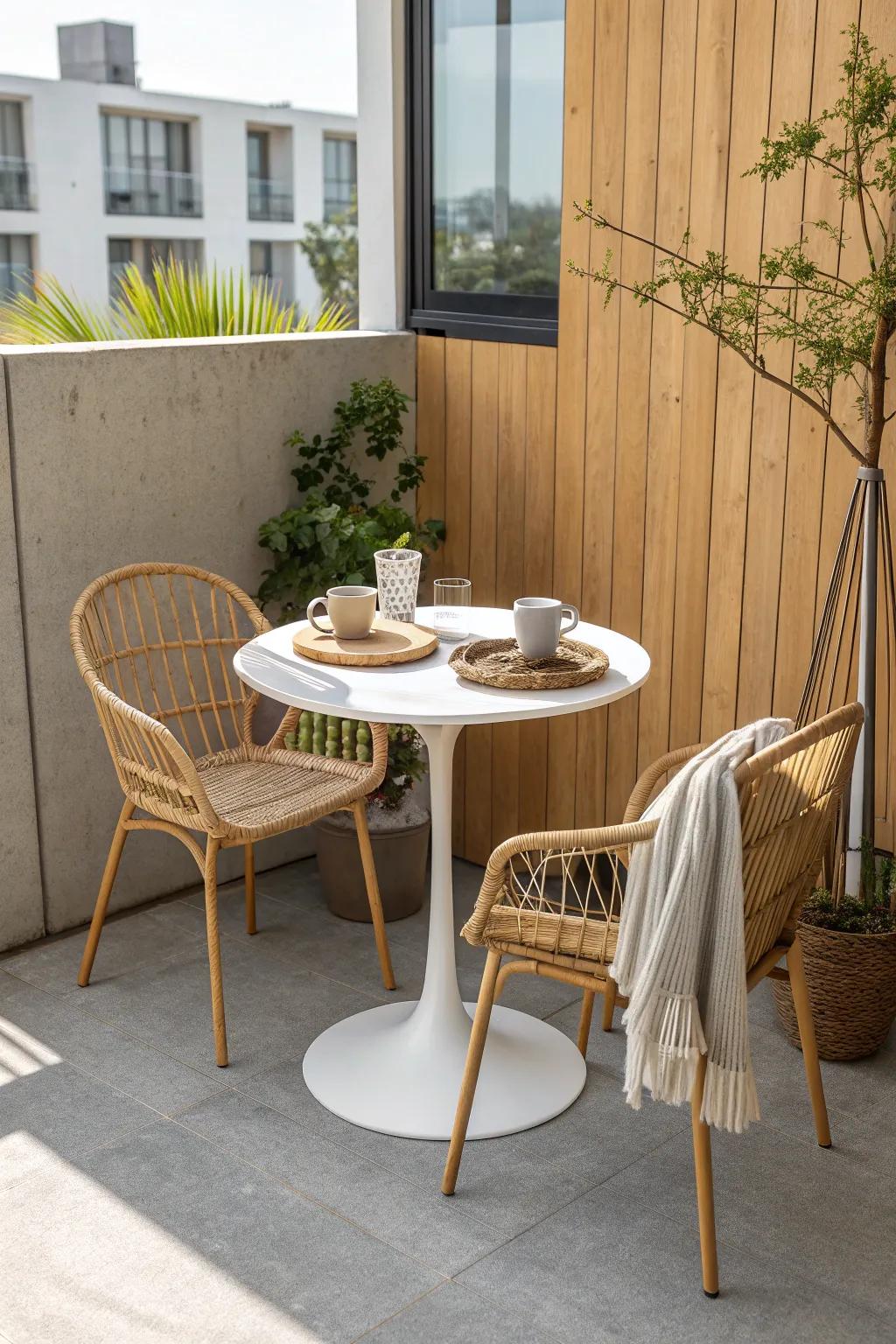 Tiny bistro set, big morning ritual—perfect for daily coffee on a small patio.