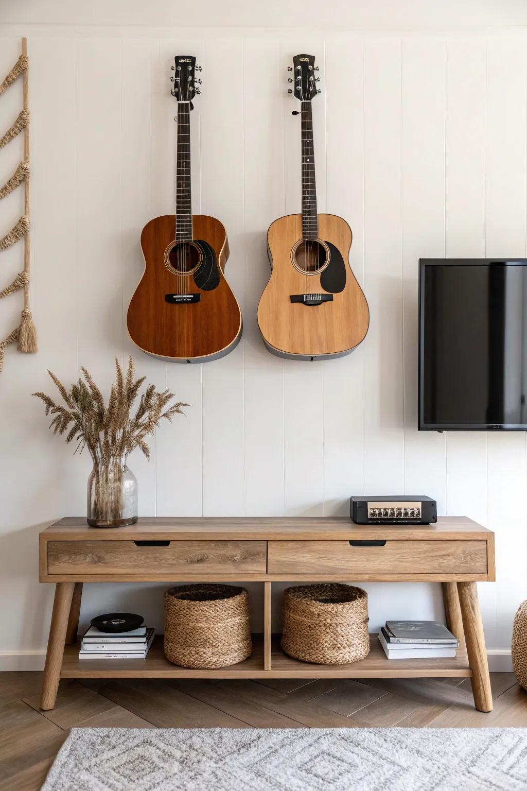 Two guitars in perfect symmetry above a slim console table—balanced, airy, and floor-space friendly.