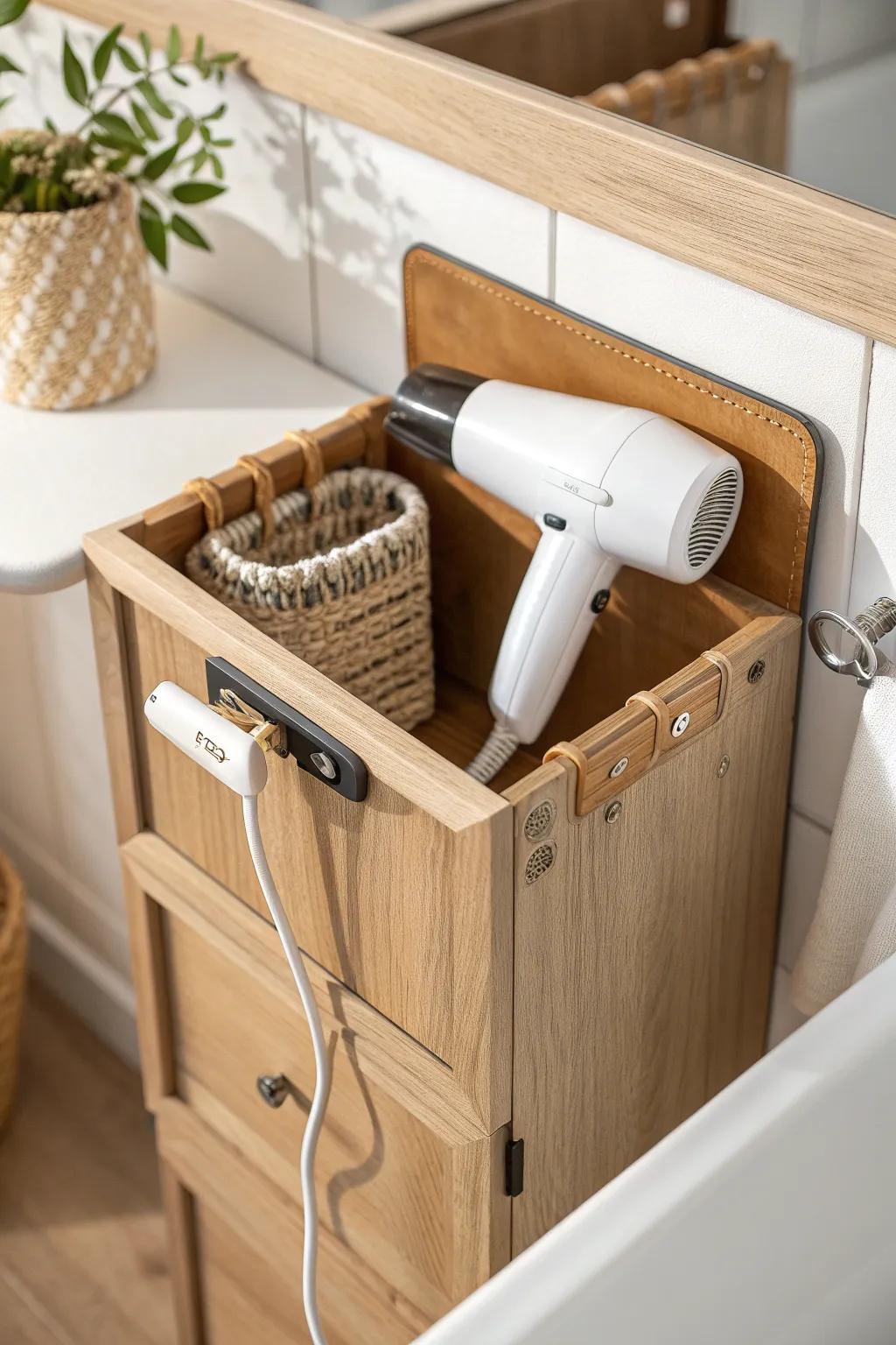 Hide your hair dryer on the cabinet door—clean, calm storage with a simple cord wrap.