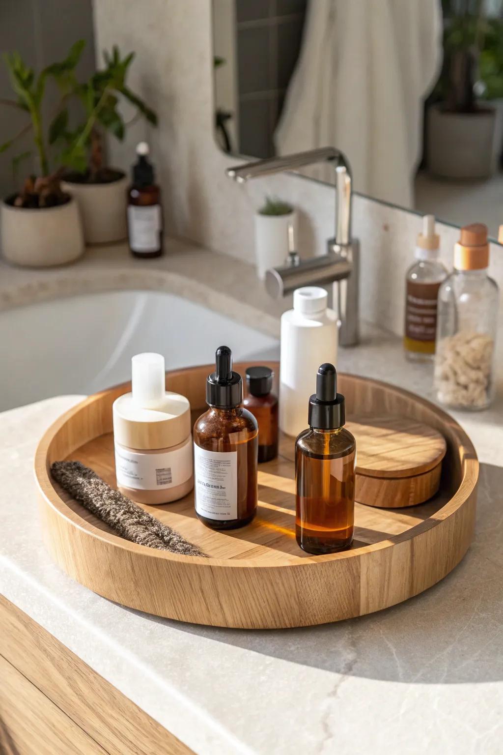 A simple lazy Susan keeps hair products tidy—spin to grab without toppling bottles.