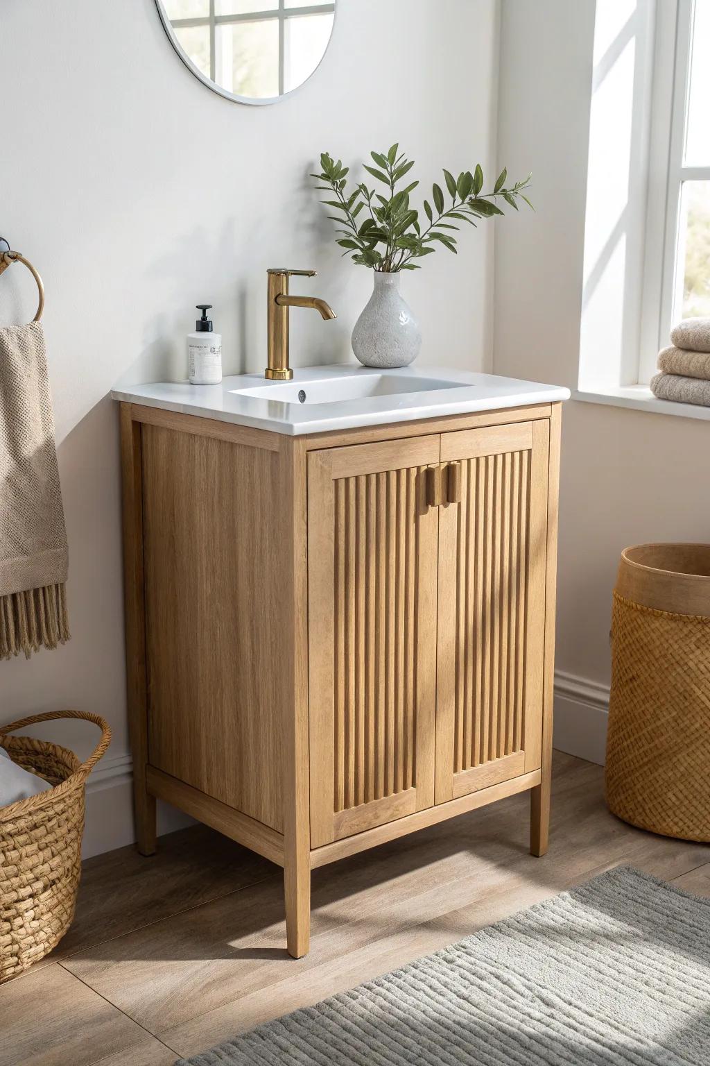 Slim shallow-depth vanity in light oak—saves inches in tight half baths without sacrificing style.