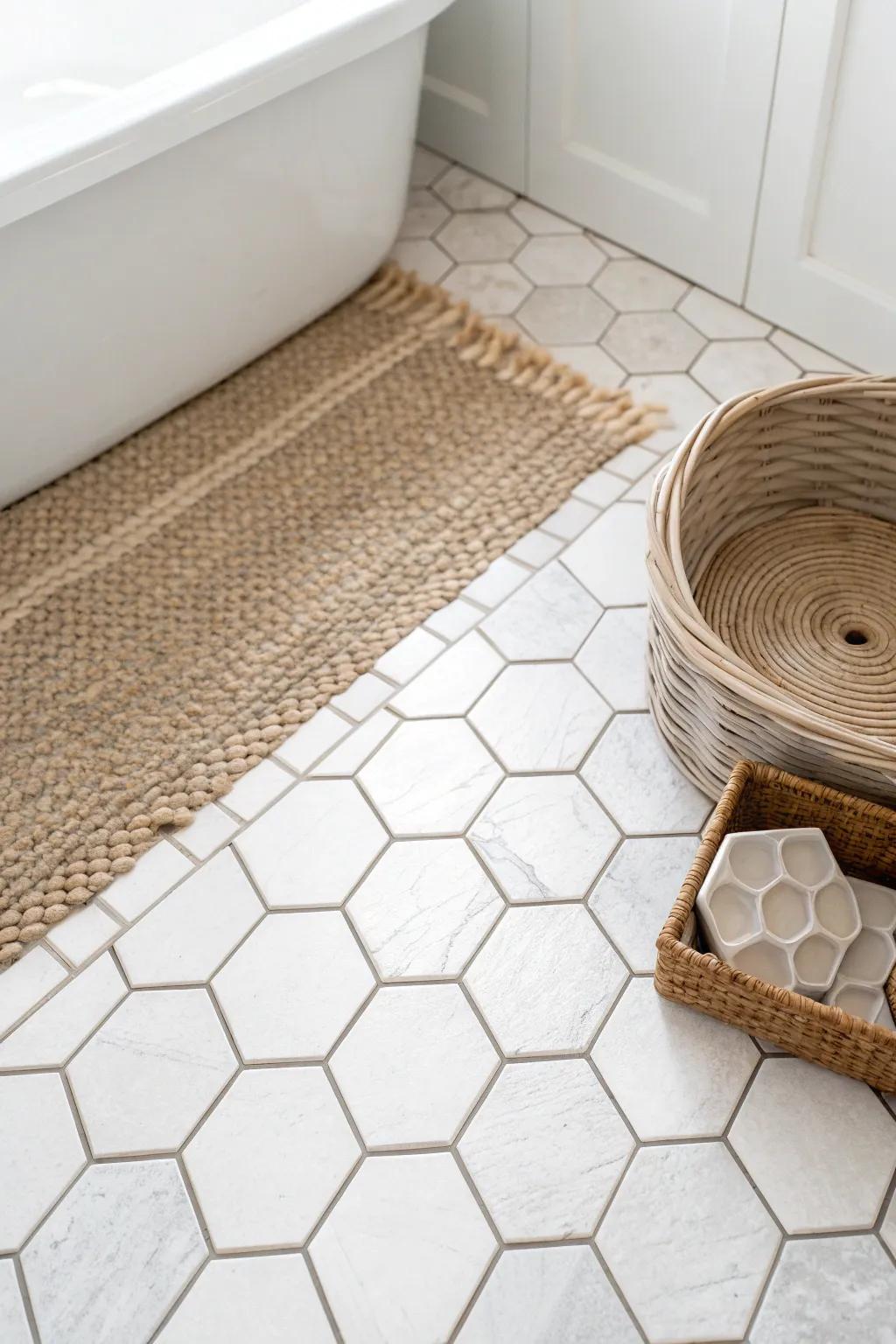 White hex tile with warm gray grout: a bright, clean half bath floor that hides footprints.