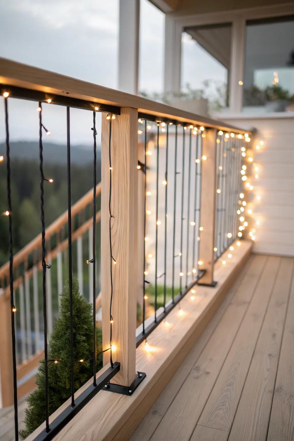 Faux spiderwebs + warm backlit fairy lights make a narrow balcony railing feel instantly haunted.