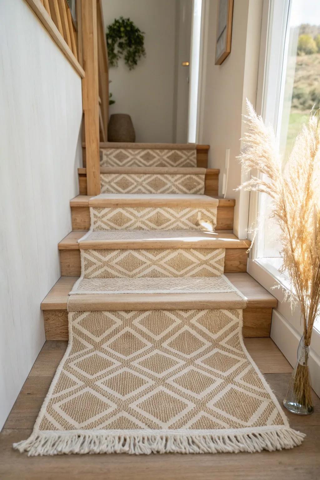 A subtle patterned hall-to-stairs runner that hides scuffs and instantly warms a small entry.