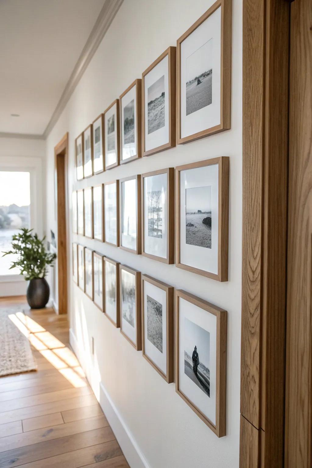 A calm hallway moment: a clean grid of matching frames with timeless black-and-white art.
