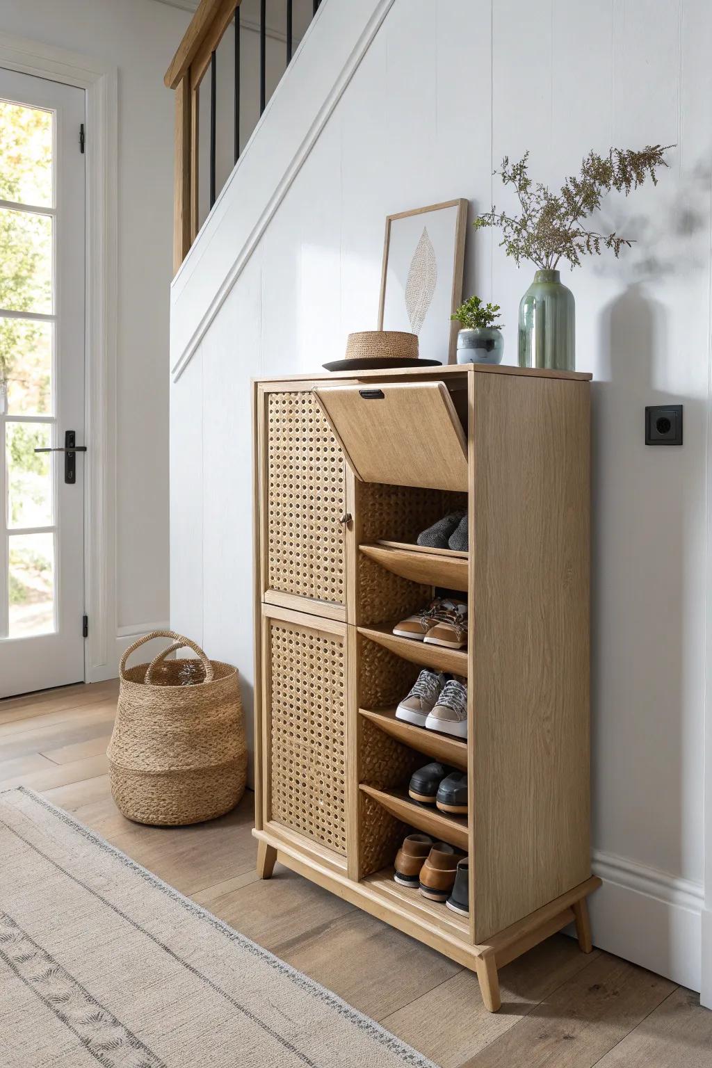 Slim tilt-out shoe cabinet: shallow, stylish storage that keeps tight hallways clutter-free.