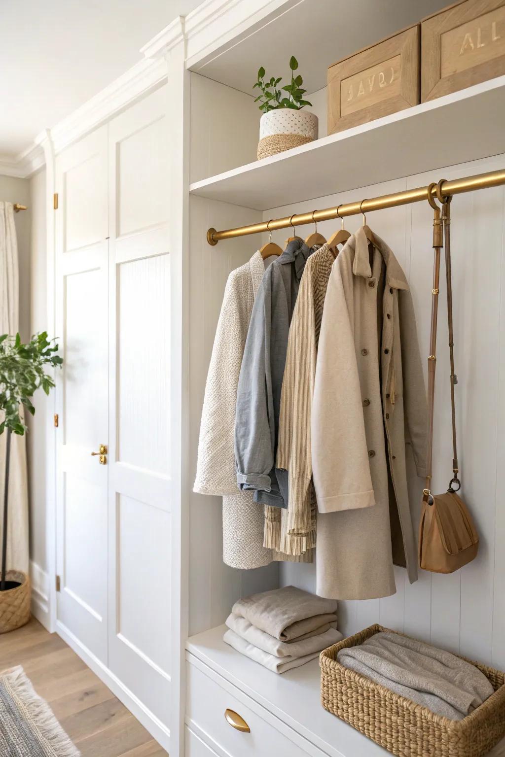 Add a double hanging rod to double coat space—perfect for short jackets and kids’ layers.
