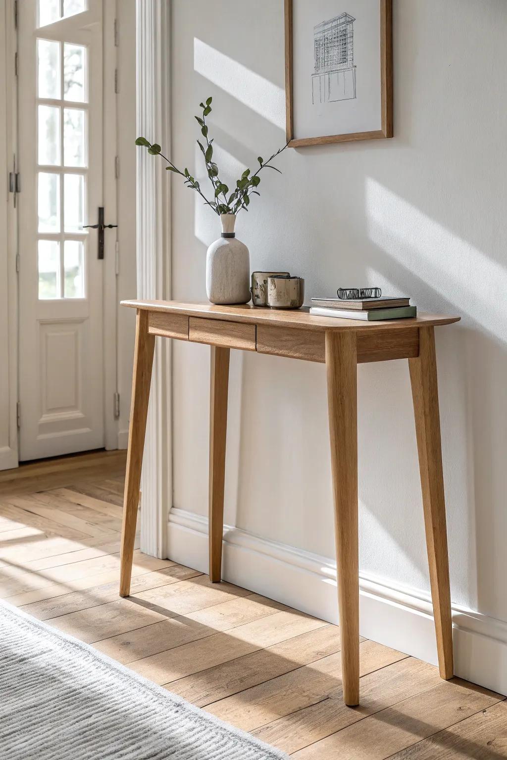 A slim console creates a calm landing zone for keys—without stealing precious hallway space.