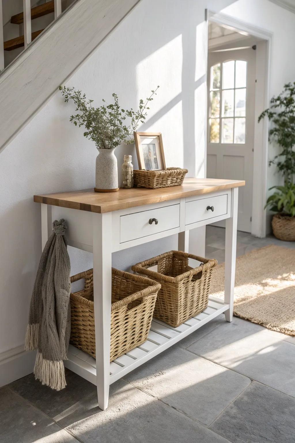 A slim entry console with hidden baskets—tiny-hallway storage that stays calm and beautiful.