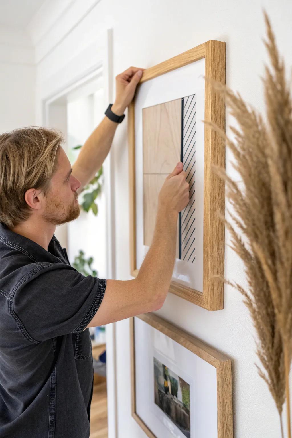 Create calm in a narrow hallway with a taped grid guide and one perfectly aligned frame.