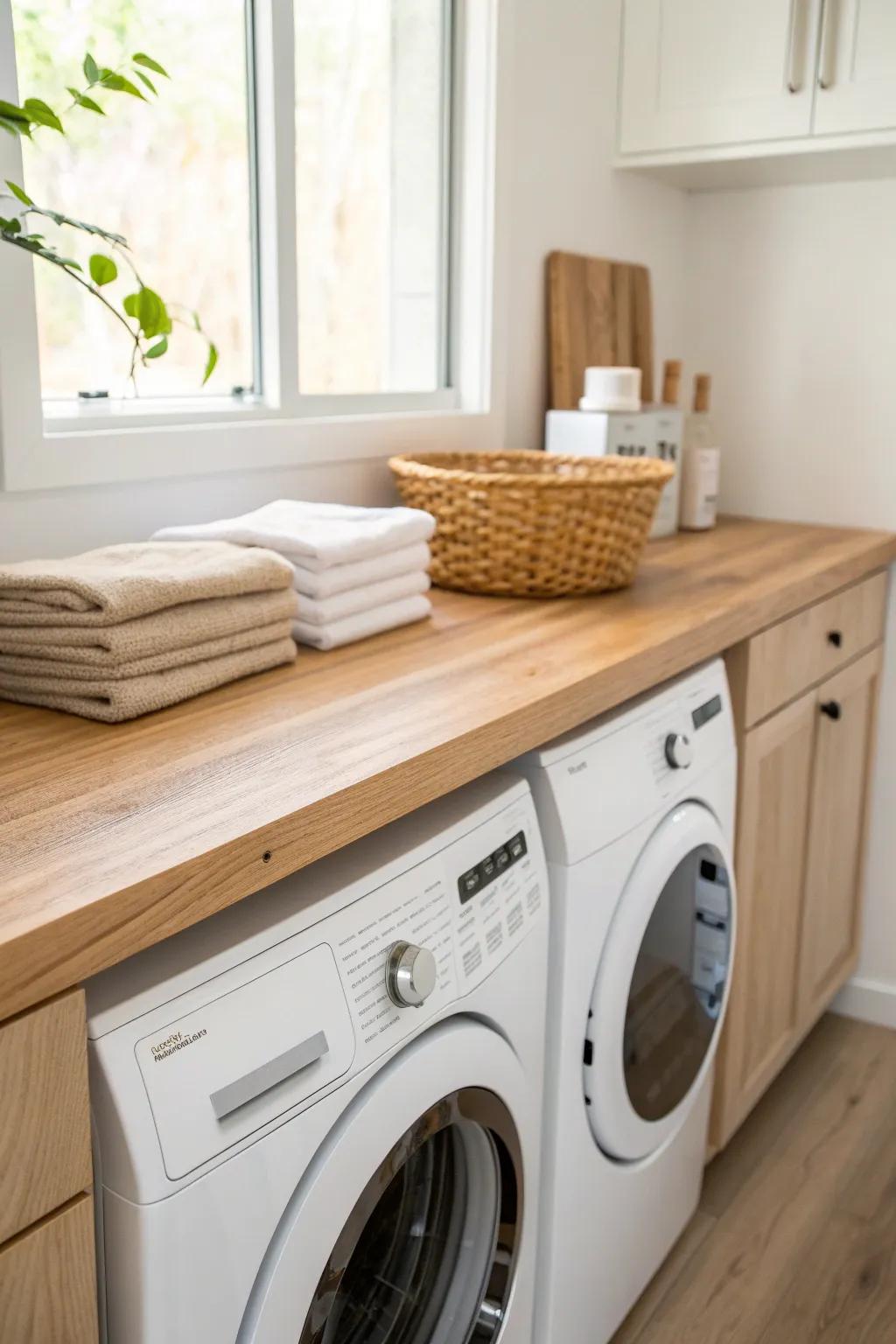 A slim oak folding counter over side-by-side machines—instant folding space in a hallway closet.
