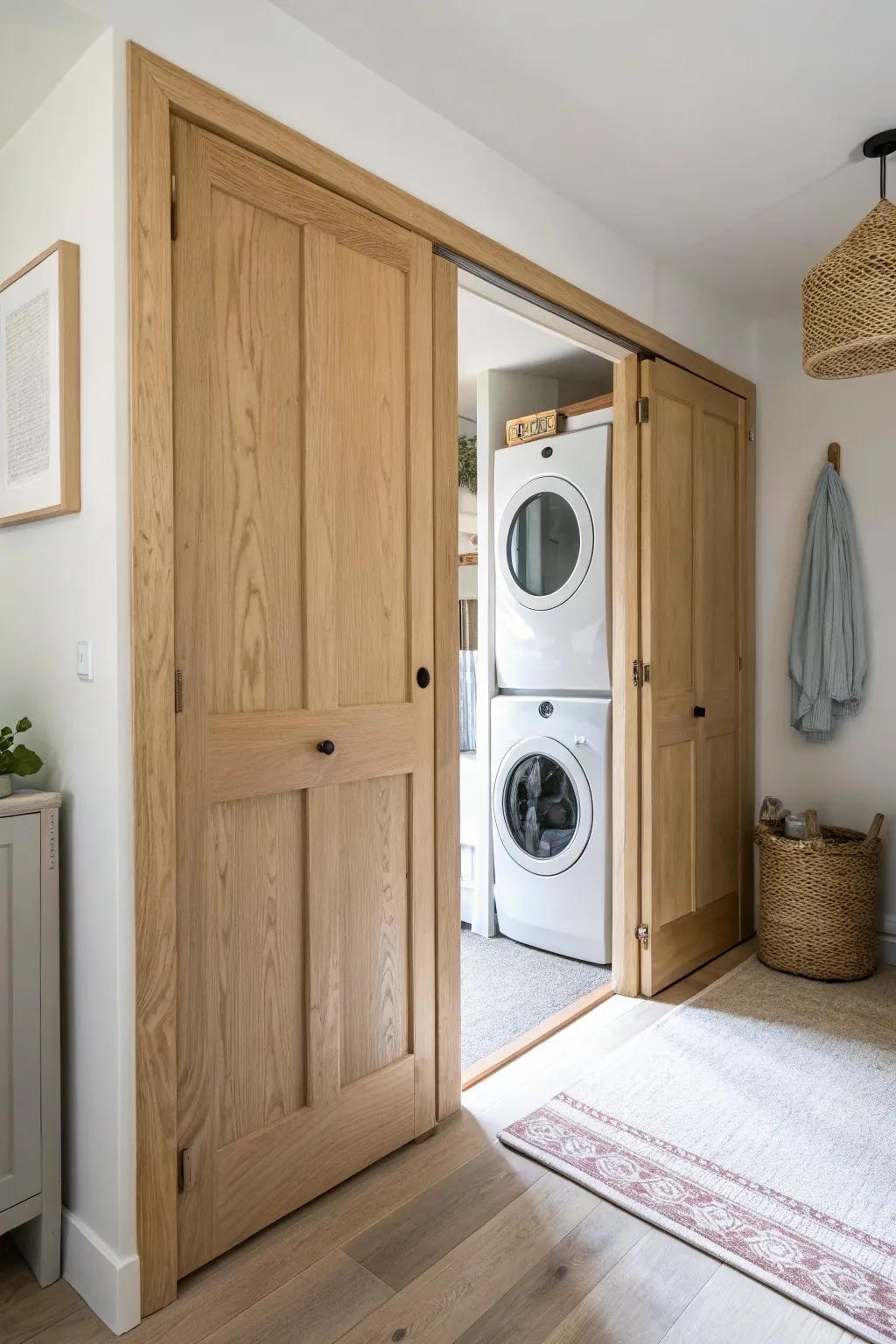 Space-saving bifold doors that open wide—perfect for a hallway laundry closet without crowding.