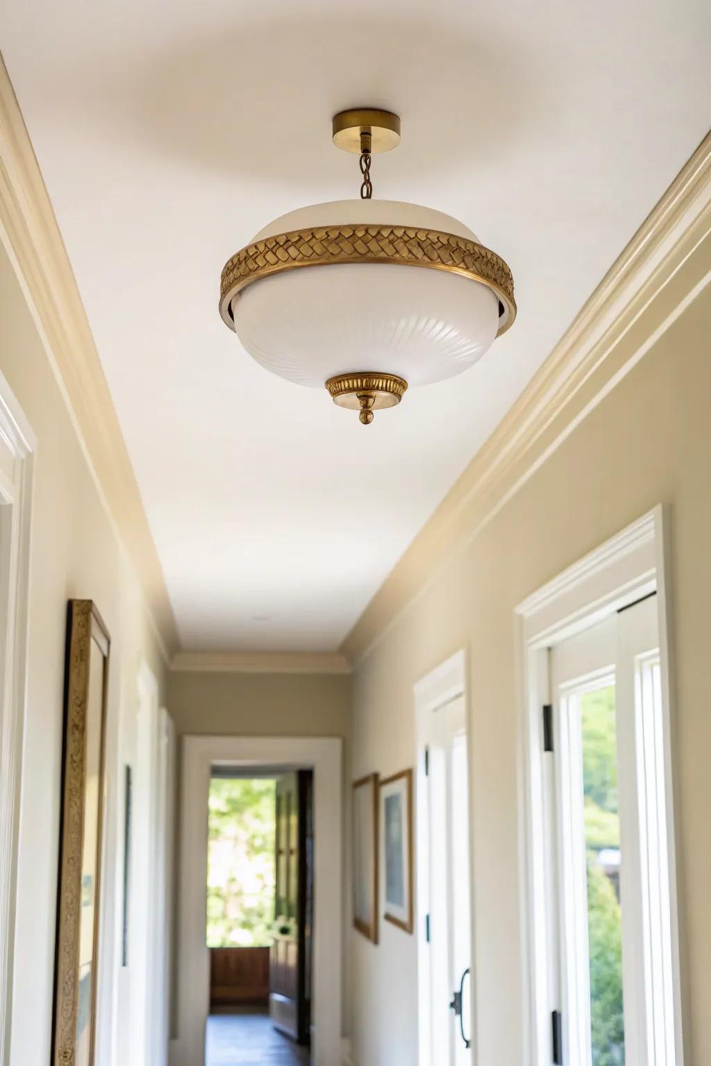 A semi-flush brass + opal fixture adds a pretty upgrade without overwhelming a small hallway.