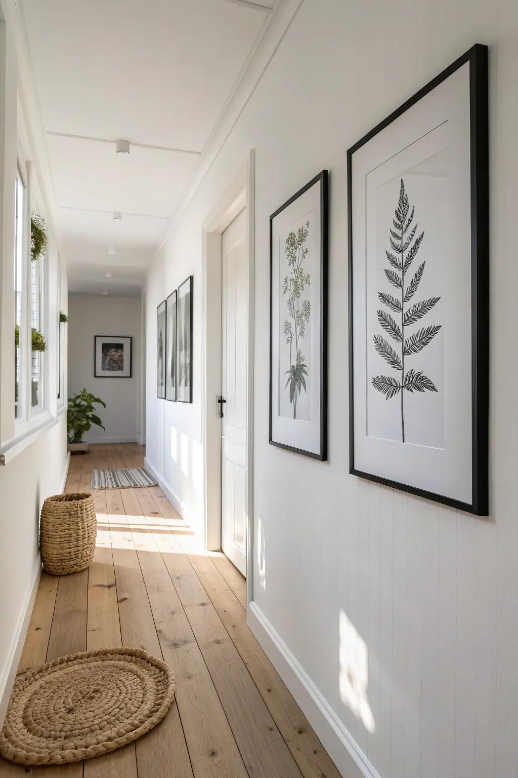 A crisp, straight row of matching frames guides the eye through a long, narrow hallway.